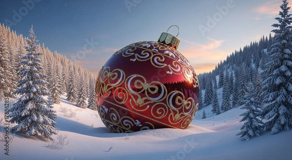 Fototapeta A grand, red Christmas bauble with intricate golden patterns nestled in a serene, snow-covered winter wonderland at twilight, evoking festive joy and holiday spirit