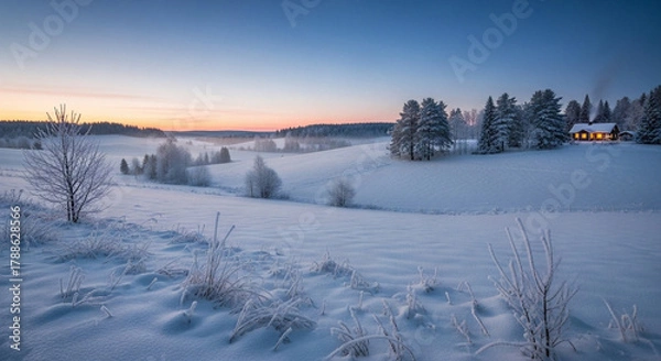 Fototapeta Serene winter landscape at dawn, showcasing a quaint illuminated cabin nestled among frosted pine trees and rolling snow-covered hills under a breathtaking twilight sky, evoking tranquility