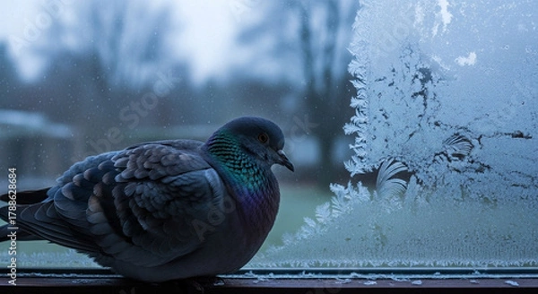 Fototapeta A pigeon rests on a frosty window ledge, observing the serene, cold winter morning with intricate ice patterns adorning the glass, conveying a sense of quiet solitude and natural beauty