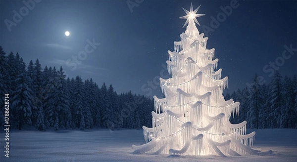 Fototapeta Ethereal ice Christmas tree shimmering under a full moon in a serene winter wonderland, its delicate glow blending with the crisp night air, evoking a magical festive spirit