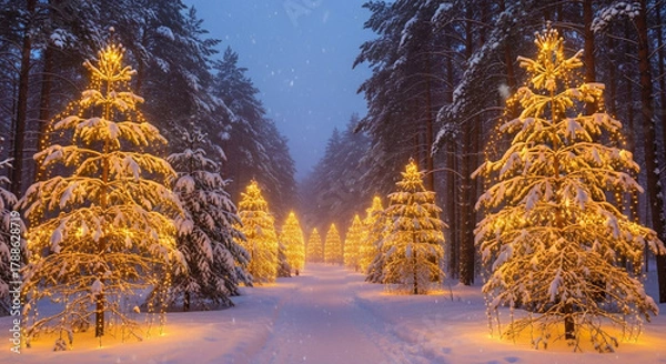 Fototapeta Magical Winter Forest Illuminated by Golden Lights, Beautifully Blending Nature's Serenity with Festive Warmth, Creating a Snowy Wonderland at Night