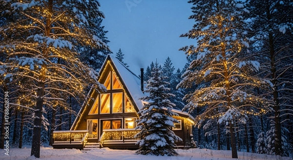 Fototapeta Warmly lit A-frame cabin nestled in an enchanting snowy forest at twilight, a serene winter wonderland perfect for a peaceful escape and cozy moments