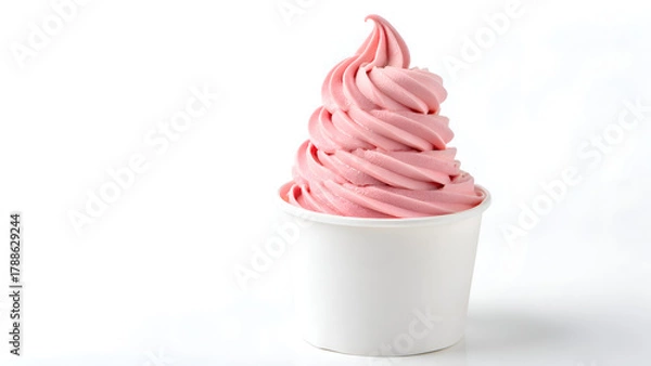 Fototapeta Delicious pink frozen yogurt swirl in a simple white cup, perfect for a refreshing treat or healthy dessert promotion that evokes summertime bliss