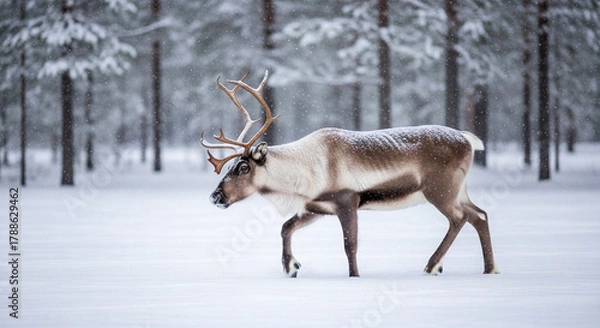Fototapeta Majestic reindeer gracefully walking through a pristine winter wonderland, surrounded by snow-covered pine trees in a tranquil frozen forest landscape