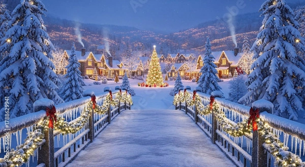 Fototapeta Magical winter wonderland village, blanketed in snow and glowing with festive lights. A majestic Christmas tree and decorated bridge create a serene holiday ambiance