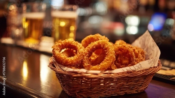 Fototapeta Crispy Fried Onion Rings in a Charming Basket, Perfect for Pairing with Beer