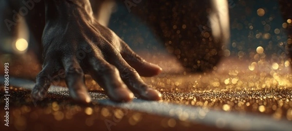 Obraz Close-Up of Athlete's Hand Brushing Lane Line in Golden Light