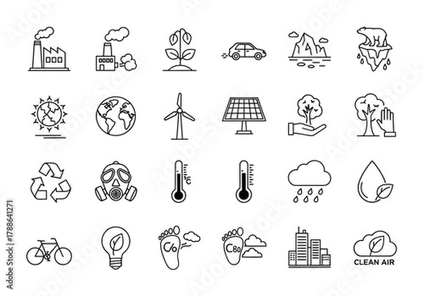 Fototapeta Comprehensive set of thin line icons representing ecology, environmental issues, and green energy solutions. Vector symbols for climate change and sustainability