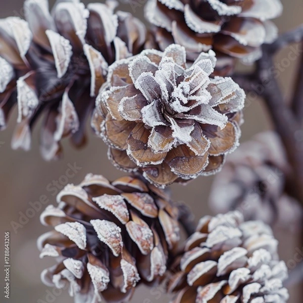 Obraz A close-up view of pinecones enveloped in a delicate layer of frost showcases nature's artistry, reflecting the beauty of winter and evoking a sense of tranquility and peace.