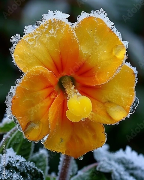 Fototapeta A striking yellow flower adorned with delicate frost illustrates the juxtaposition of life and winter's chill, symbolizing resilience and beauty amid the harshness of the season.