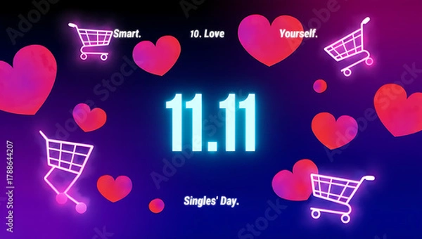 Fototapeta Neon glowing shopping carts and hearts surround the number 11 11 on a dark purple background celebrating singles day sale