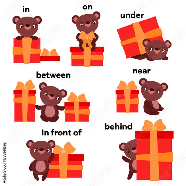Obraz Educational Prepositions of Place with a Cute Teddy Bear and Gift Box