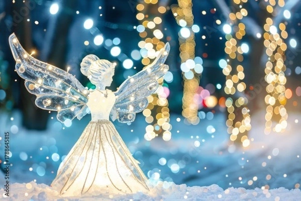 Obraz A beautiful illuminated angel figure stands in a snowy landscape, surrounded by soft bokeh lights that create a magical, festive atmosphere, ideal for holiday-themed projects or celebrations.