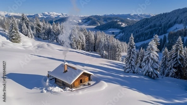 Fototapeta An enchanting log cabin with smoke rising from the chimney, nestled in a blanket of snow and surrounded by wintery trees, capturing the essence of warmth and coziness in winter.