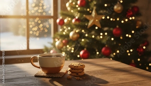 Obraz Warm cup of coffee and cookies on wooden table with decorated Christmas tree in background
