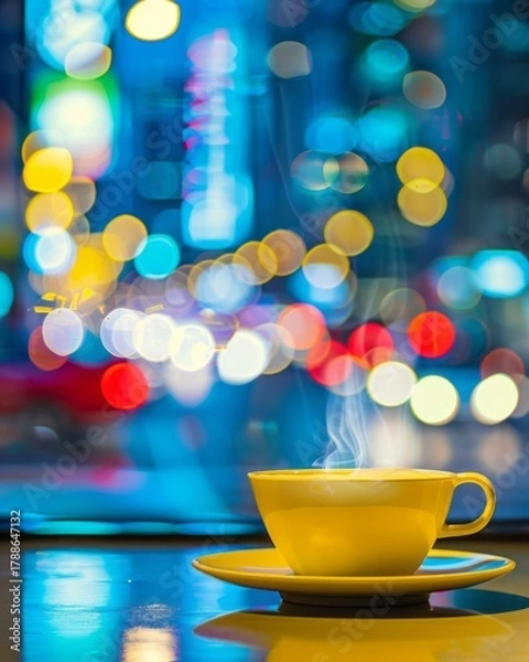 Obraz A vibrant yellow coffee cup emanates steam, set in a bustling city background, showcasing the blend of warmth and urban life in a cozy café atmosphere.