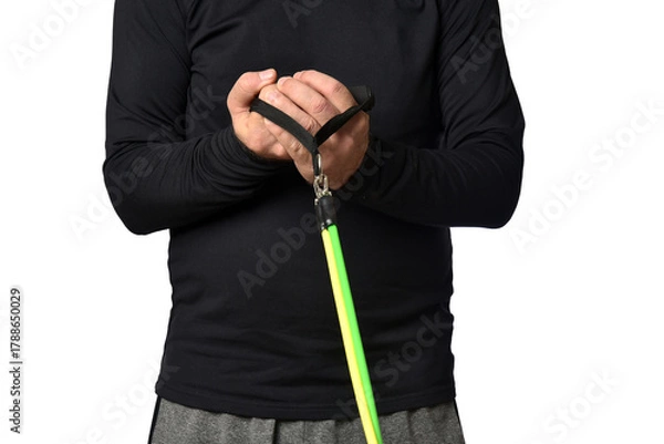 Obraz Elastic knee brace for physical training, crossfit, physiotherapy, body health, exercise, pilates, yoga and bodybuilding isolated on white background.