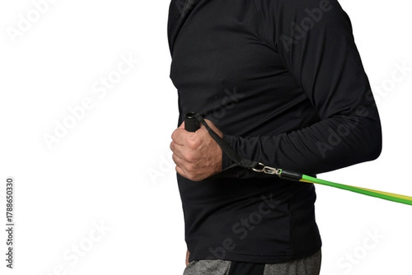 Obraz Elastic knee brace for physical training, crossfit, physiotherapy, body health, exercise, pilates, yoga and bodybuilding isolated on white background.