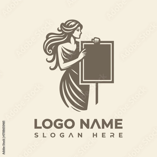 Fototapeta Elegant woman holding a blank signboard, classic style female figure logo vector design. Perfect for branding and customizable templates