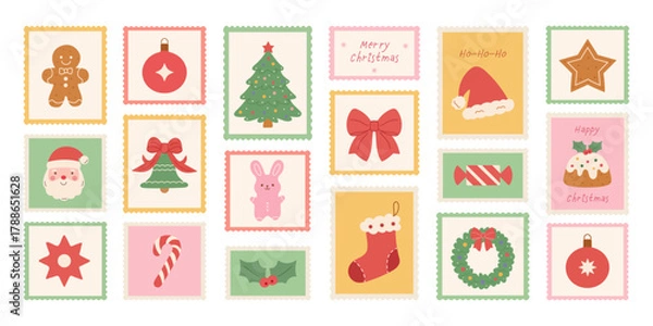 Obraz Vintage Christmas postage stamp set with festive postmarks and hand-drawn holiday elements—Xmas tree, ribbons, bows, gingerbread, toys, Santa, hat, pudding, wreath, holly,candies. Vector illustration.