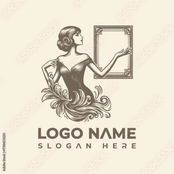 Fototapeta Elegant woman with ornate frame logo vector illustration for branding