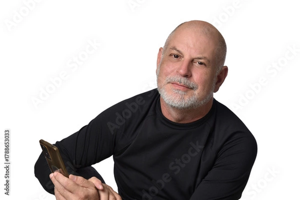 Fototapeta portrait adult man bald white beard face expression happy thoughtful male model gentleman in black clothes image.