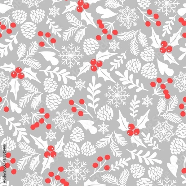Fototapeta Winter seamless vector pattern with holly berries. Part of Christmas backgrounds collection. Can be used for wallpaper, pattern fills, surface textures,  fabric prints.