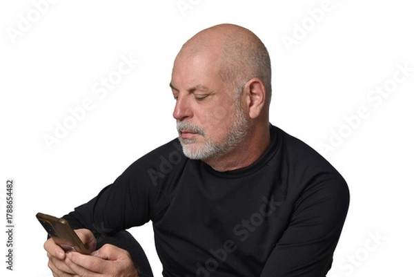 Fototapeta portrait adult man bald white beard face expression happy thoughtful male model gentleman in black clothes image.