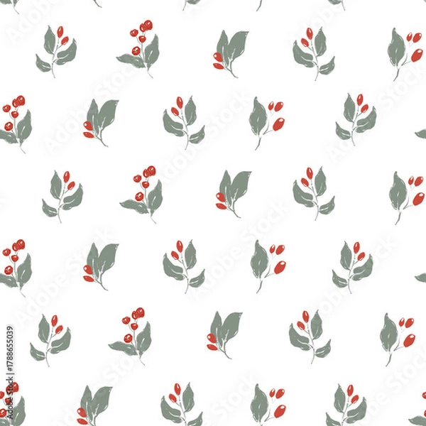 Fototapeta Whimsical Christmas floral seamless pattern of berries and leaves. Hand-drawn vintage composition isolated on white background. Illustration for design, print, fabric or background.