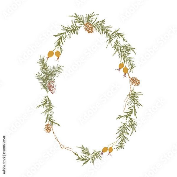 Fototapeta Whimsical Christmas floral frame of pine cones, branch and dogrose berries. Hand-drawn vintage composition isolated on white background. Illustration for design, print, fabric or background.