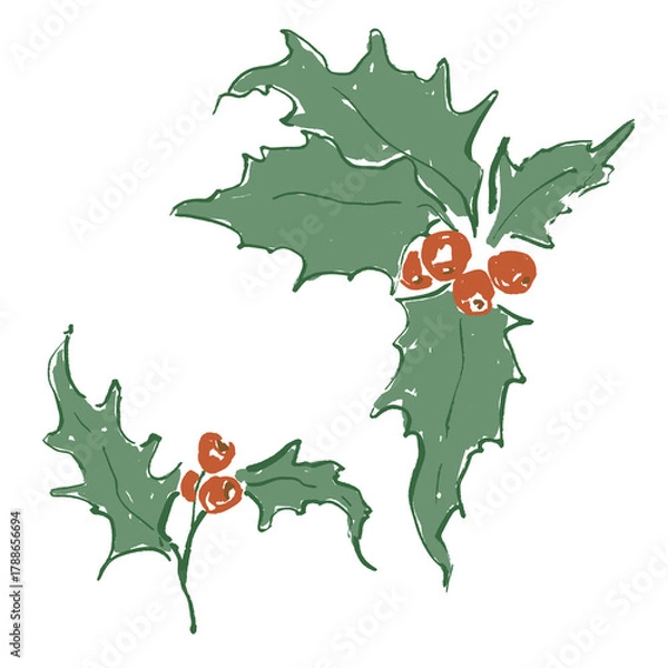 Fototapeta Whimsical Christmas floral set of berries and holly. Hand-drawn vintage collection isolated on white background. Illustration for design, print, fabric or background.