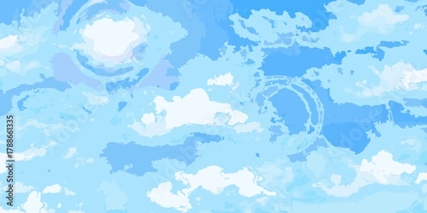 Fototapeta Abstract watercolor painting of a bright blue sky with swirling white and light blue clouds and subtle circular patterns