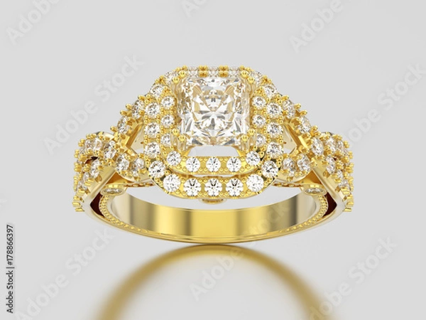 Fototapeta 3D illustration yellow gold elegant solitaire decorative diamond ring with shadow and reflection