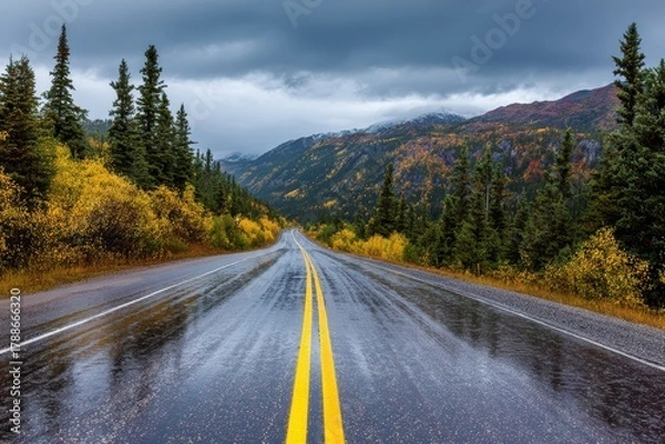 Fototapeta Scenic Drive Along Klondike Highway: Autumn Colors and Cloudy Skies in Yukon, Canada