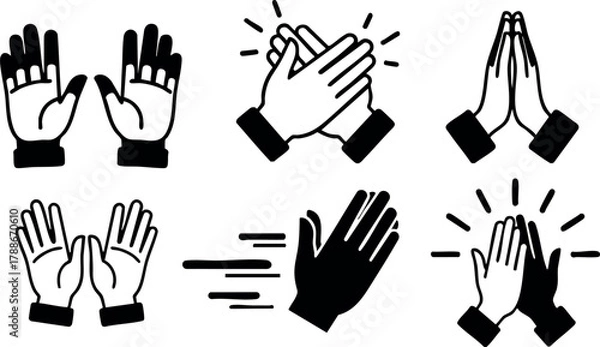 Fototapeta Set of black and white hand gestures with clapping and praying poses in vector style illustration