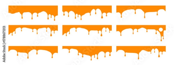 Fototapeta Orange honey caramel background with drip melt cheese and wave flow sauce. Vector smooth juice with orange design and honey caramel elements for chocolate sweet. Fudge cheddar food applications.