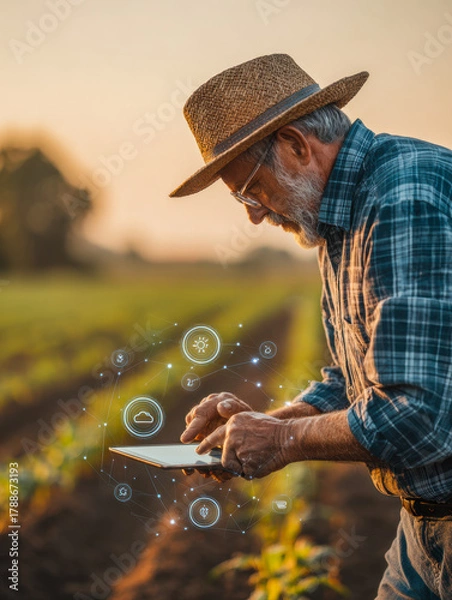 Fototapeta Elderly farmer using digital tablet with futuristic smart farming icons in agriculture field during golden hour for precision crop monitoring and weather tracking