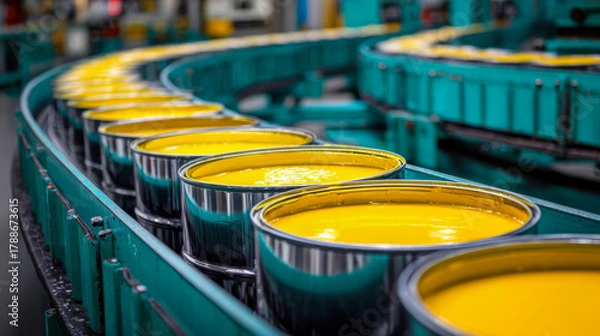 Fototapeta Industrial paint manufacturing process featuring a conveyor belt transporting large containers filled with vibrant yellow paint inside a factory setting