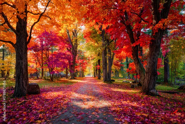 Fototapeta Vibrant autumn pathway lined with colorful red, orange, and yellow trees casting warm light and fallen leaves covering the forest trail in a serene natural setting