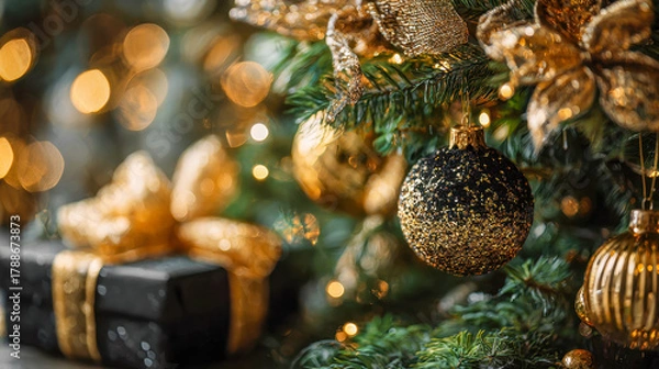 Fototapeta Festive Christmas tree decorated with sparkling golden ornaments and elegant ribbons alongside a beautifully wrapped present with matching gold accents and twinkling