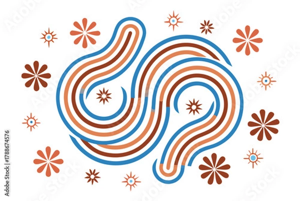 Fototapeta Intertwined Swirls and Floral Shapes in Blue and Brown on White abstract curves