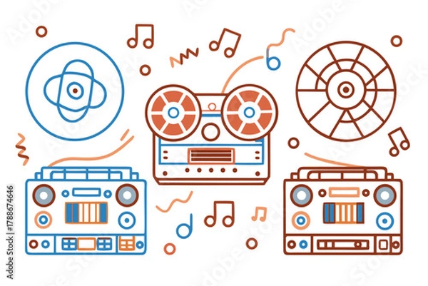 Fototapeta Retro Music Icons Featuring Boombox Reel to Reel and Turntable radio