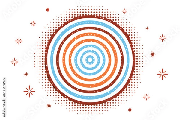 Obraz Retro concentric circles with halftone dots and starbursts on white abstract background
