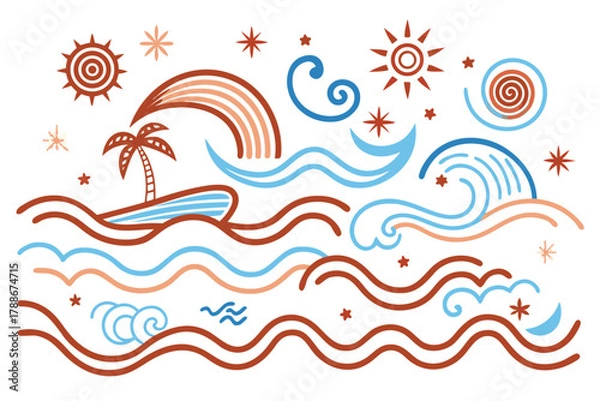 Obraz Tropical Island Scene with Palm Tree, Rainbow, and Waves in Earthy Tones vector illustration