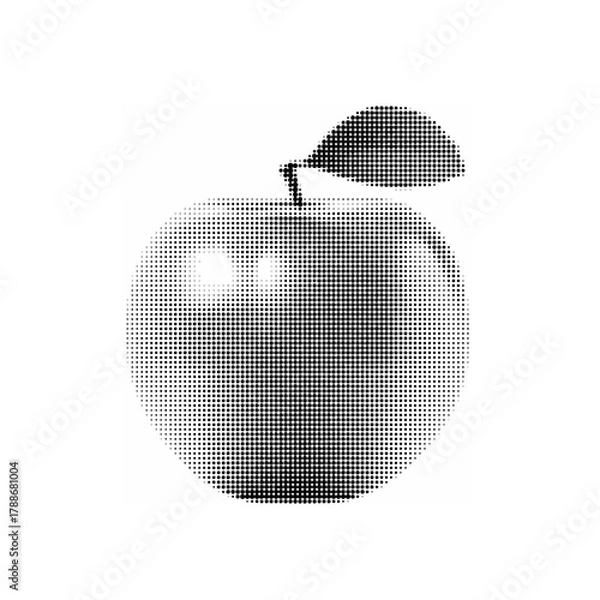 Fototapeta Black and white halftone illustration of an apple with a leaf. Retro pop art style symbolizing health, freshness, and nature in minimalist design.