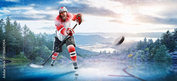 Obraz Hockey players in action on the ice. Outdoor game. Sports. Hockey match. A large hockey rink in the middle of an forest. Hockey concept. Panorama