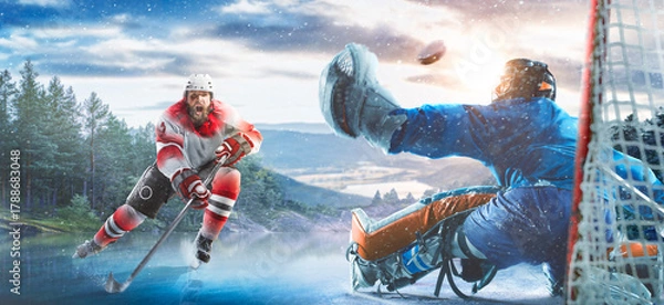 Obraz Hockey players in action on the ice. Outdoor game. Sports. Hockey match. A large hockey rink in the middle of an forest. Hockey concept. Panorama