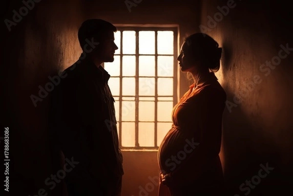 Fototapeta Silhouette of a Pregnant Couple Facing Each Other by a Window