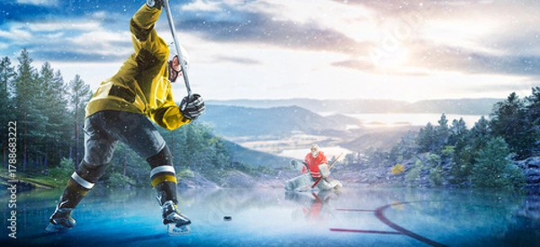 Obraz Hockey players in action on the ice. Outdoor game. Sports. Hockey match. A large hockey rink in the middle of an forest. Hockey concept. Panorama