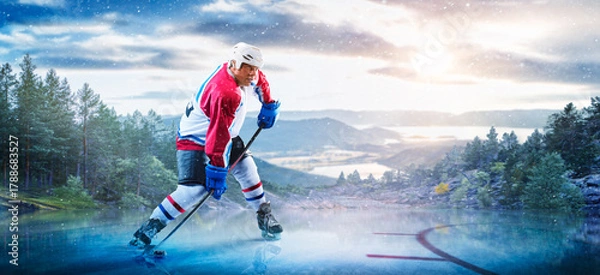 Obraz Hockey players in action on the ice. Outdoor game. Sports. Hockey match. A large hockey rink in the middle of an forest. Hockey concept. Panorama